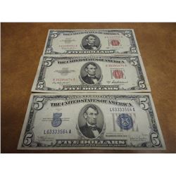 1934-C $5 SILVER CERTIFICATE, 53-A & 63 $5 NOTES