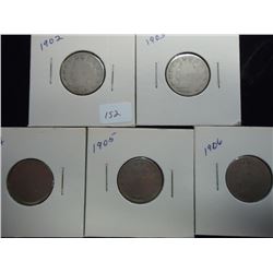 1902,03,04,05 & 06 LIBERTY "V" NICKELS