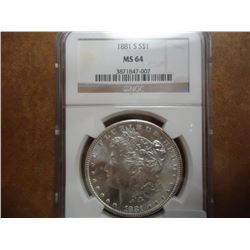 1881-S MORGAN SILVER DOLLAR NGC MS64