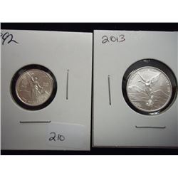 MEXICO SILVER LIBERTADS 2013 1/10 OZ. & 1992 1/20