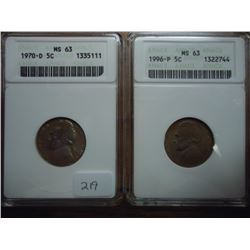 1970-D & 1996-P JEFFERSON NICKELS ANACS MS63'S