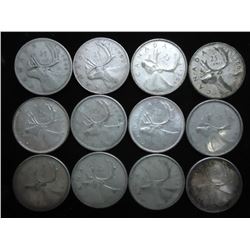 12 ASSORTED 1942-1965 CANADIAN SILVER 25 CENTS