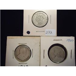 1901,09 & 20 CANADA SILVER 25 CENTS