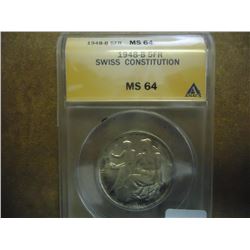1948-B SWISS SILVER 5 FRANC ANACS MS64