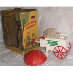 Ideal boxed 1950s Hot Dog Wagon Ice cream Soda vendor umbrella cart soda playset toy