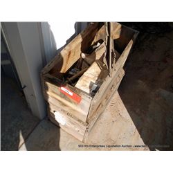2 WOOD CRATES: ASSORTED TRACTOR BRACKETS & PINS