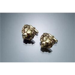 Pair of 14-Karat Yellow Gold, Diamond and Ruby Lion Head Cufflinks, D.B. Each mout...