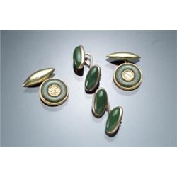 Two Pairs of 14-Karat Yellow Gold and Nephrite Jade Cufflinks Diameter of round cu...