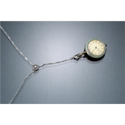 Art Deco Swiss 14-Karat Yellow Gold, Enamel and Diamond Manual Wind Pendant Watch and...