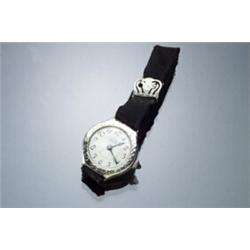 Art Deco Swiss 14-Karat White Gold and Black Silk Manual Wind Wristwatch, Bulova C...