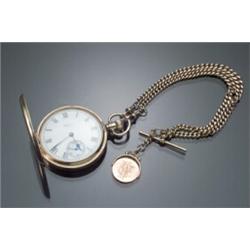 American 9-Karat Yellow Gold Hunter Cased Pocketwatch and Vest Chain, American Waltha...