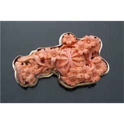 Large 14-Karat Yellow Gold Carved Floral Reticulated Orange Coral Brooch Length: 2...