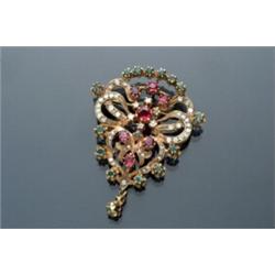 Tested 14-Karat Yellow Gold, Diamond, Ruby and Emerald Floral Brooch Set with fift...