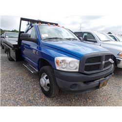 2007 DODGE RAM 3500 S/A FLATBED, S/N 3D6WH46A27G733922, CUMMINS DIESEL ENG, 6 SPD TRANS, 11' FLATBED