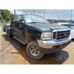 2003 FORD F350 4X4 FLATBED TRUCK, S/N 1FTSW31593EB38149, V10 GAS ENG, 6 SPD TRANS, CREW CAB, 10' FLA