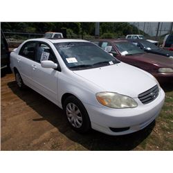 2003 TOYOTA COROLLA LE, S/N 2T1BR38E83C084756, 4 CYL GAS, A/T, ODOMETER READING 250,110 MILES