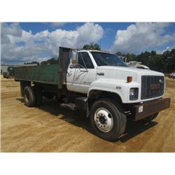 1990 GMC S/A DUMP, S/N 1GDL7H1P3LJ603361, CAT DIESEL ENG, 5 SPD TRANS, 16' FLATBED DUMP W/SIDES, 11R