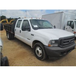 2002 FORD F350 XL CREW CAB FLATBED, S/N 1FDWW36F02ED26887, POWERSTROKE V8 DIESEL ENG, A/T, 9' FLATBE