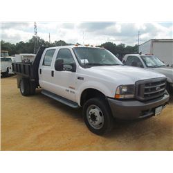 2003 FORD F450 CREW CAB FLATBED, S/N 1FDXW46P73ED09055, POWERSTROKE DIESEL ENG, A/T, 9' BED W/SIDES 