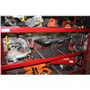 Image 1 : SHELF LOT OF ASSORTED POWER TOOLS; CRAFTSMAN COMPACT MITER SAW, CRAFTSMAN ROUTER AND TABLE, AND