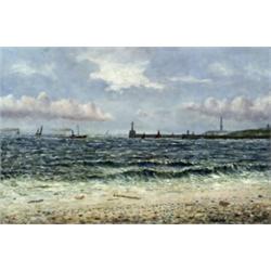 John Brett (British 1831-1902) Rocky Coastline with Lighthouse and Ships Signed...