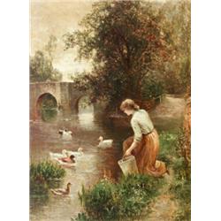 Ernest Walbourn (British 1872-1927) Young Woman Standing Beside a Duck Pond Sig...