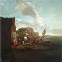 Manner of Philips Wouwerman (Dutch 1619-1668) Group of Travelers Beside a Rocky In...