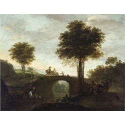 Dutch School, 17th-18th Century Travelers Crossing a Stone Bridge Unsigned; ins...