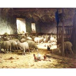 Charles H. Clair (French 1860-1930) Sheep and Chickens in a Stable Signed Ch. C...