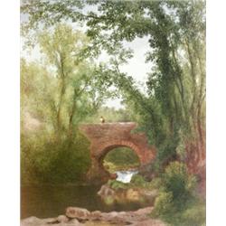 John Henry Hill (American 1839-1922) Forest Scene with Stone Bridge and Creek S...