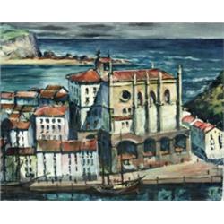 Max Kuehne (American 1880-1968) Spanish Harbor Town Signed Kuehne l.r. Oil o...