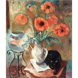 Jon Corbino (American 1905-1964) Black Cat with Goldfish and Poppies Signed Jon...