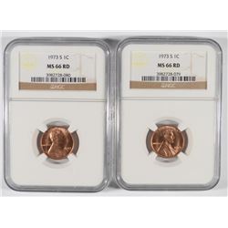 LOT OF ( 2 ) 1973-S LINCOLN CENTS, NGC MS-66 RED RARE! NGC PRICE GUIDE=$325 EACH
