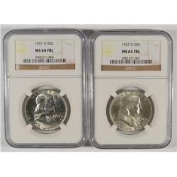 LOT OF ( 2 ) 1957-D FRANKLIN HALF DOLLARS, NGC MS64 FBL
