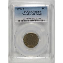 1912-S LIBERTY "V" NICKEL, PCGS VG, VERY MINOR MARK, KEY DATE