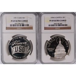 1991 USO & 1994 CAPITOL COMMEM SILVER DOLLARS, BOTH NGC Pf 69 ULTRA CAMEO!