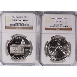 COMMEM SILVER DOLLARS: 1988-D OLYMPICS NGC MS-69  & 2001-P CAPITOL NGC Pf 69 UC