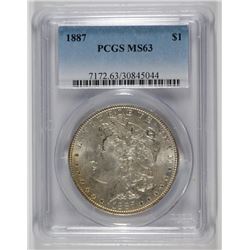 1887 MORGAN SILVER DOLLAR, PCGS MS-63  NICE COIN