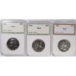 (3) SLABBED PROOF FRANKLIN HALF DOLLAR'S (61, 62, 63)