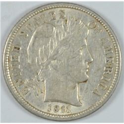 1911-D BARBER DIME, AU-53 WHITE!