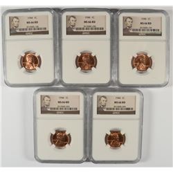 LOT OF ( 5 ) 1944 LINCOLN CENTS, NGC  MS-66 RED