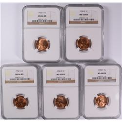 LOT OF ( 5 ) 1950-S LINCOLN CENTS NGC MS-66 RED