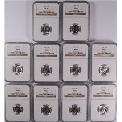 LOT OF ( 10 ) ROOSEVELT DIMES, (9) 1955 and (1) 1958 NGC MS-66