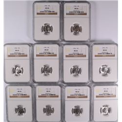 LOT OF ( 10 ) 1956 ROOSEVELT DIMES, NGC MS-66
