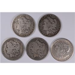 ( 5 ) CIRCULATED MORGAN SILVER DOLLARS: 1885, 1886-O, 1890-O, 1896-O AND 1921-S