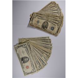 (7) $5.00 SILVER CERTS & (23) $5.00 RED SEAL NOTES, IN VARYING CIRC. CONDITION