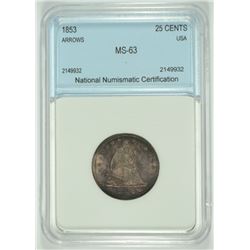 1853 SEATED QUARTER ARROWS / RAYS  NNC MS-63