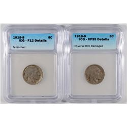 1915-S ICG F-12 DETAILS SCRATCHED, & 16-S ICG VF-35 RIM DAMAGE BUFFALO NICKELS