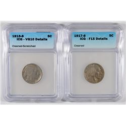 1915-S ICG VG-10 CLEANED SCRATCHED, & 17-S ICG F-15 CLEANED BUFFALO NICKELS