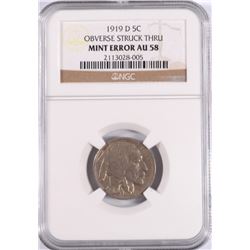 1919-D BUFFALO NICKEL OBVERSE STRUCK THROUGH MINT ERROR NGC AU-58